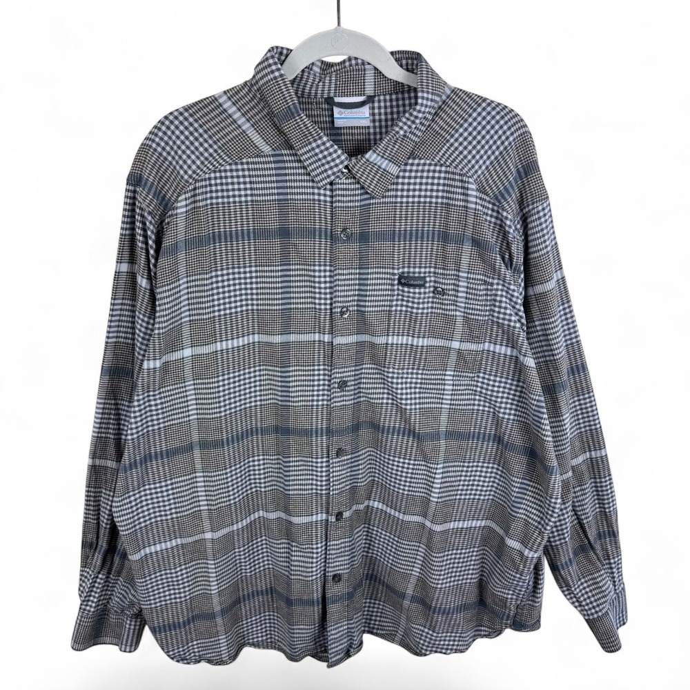 Columbia Mens XXL Grey Brown Plaid Long Sleeve Flannel Button Down Shirt Stretch
